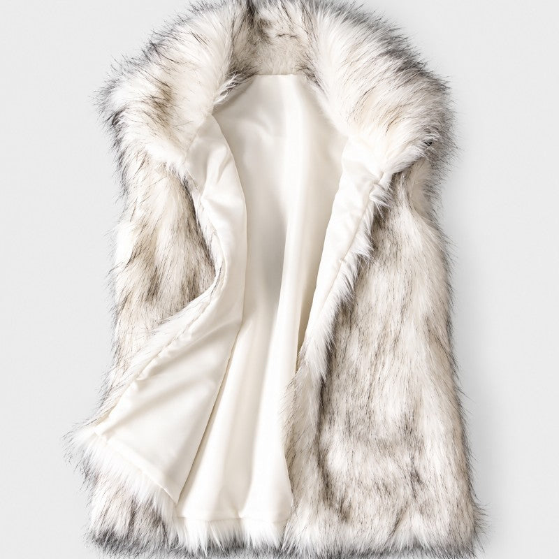 Close-up of a white and gray speckled faux fur vest, showing the plush texture and creamy satin lining on a white background.