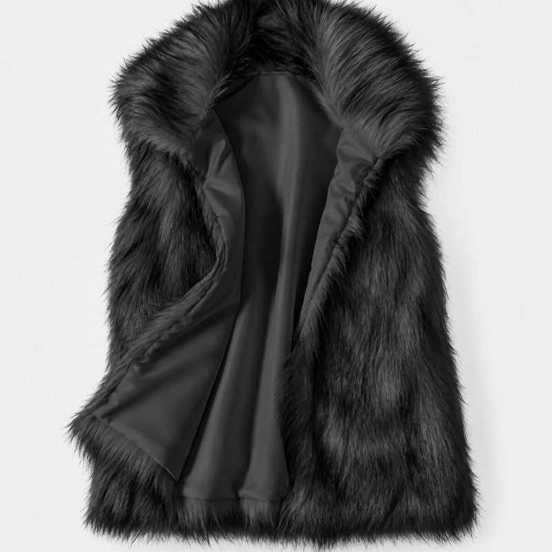 Flat lay of a dark charcoal gray faux fur vest, showing the plush texture and the smooth satin lining.