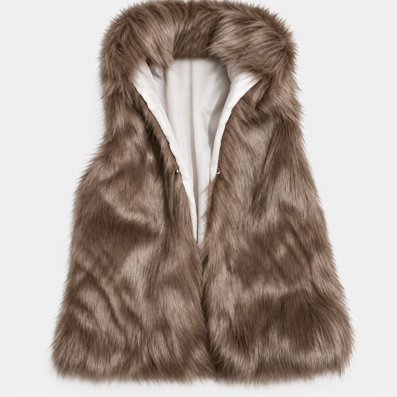 Taupe faux fur vest with a soft, shaggy texture and a white inner lining, laid flat.