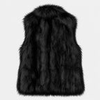 Back view of a black faux fur vest with a shaggy texture and a plush stand-up collar.
