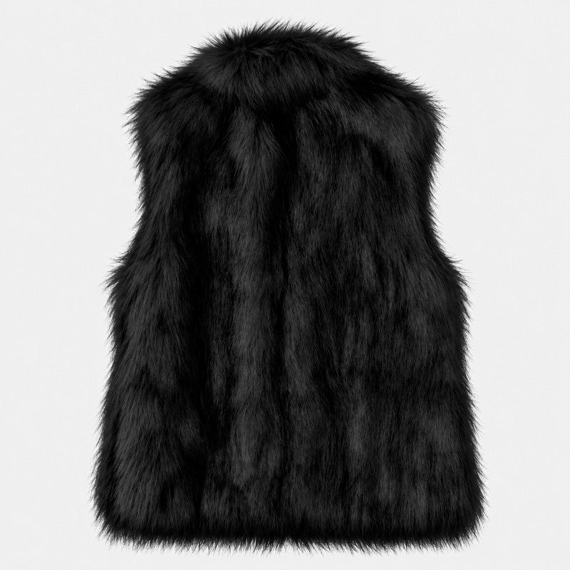 Back view of a black faux fur vest with a shaggy texture and a plush stand-up collar.