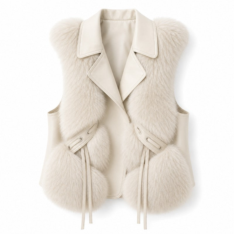Flat lay of a cream vest with a wide lapel collar, soft faux fur trim, and leather-like ties.