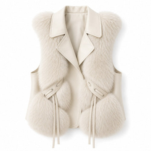 Flat lay of a cream vest with a wide lapel collar, soft faux fur trim, and leather-like ties.