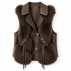 Brown leather-look vest with fluffy brown trim, notched lapels, and decorative lacing on the front pockets.