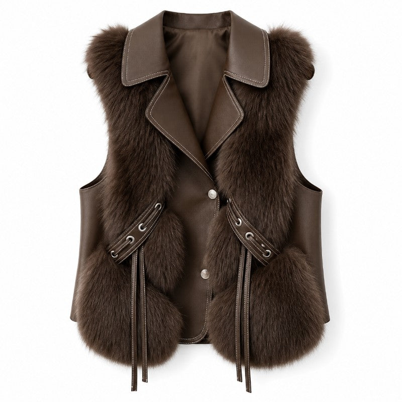 Brown leather-look vest with fluffy brown trim, notched lapels, and decorative lacing on the front pockets.