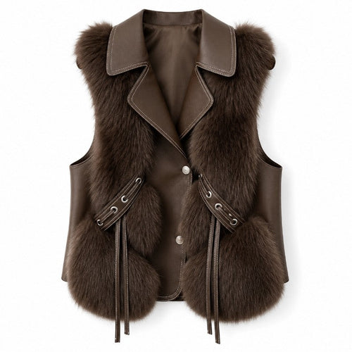 Brown leather-look vest with fluffy brown trim, notched lapels, and decorative lacing on the front pockets.