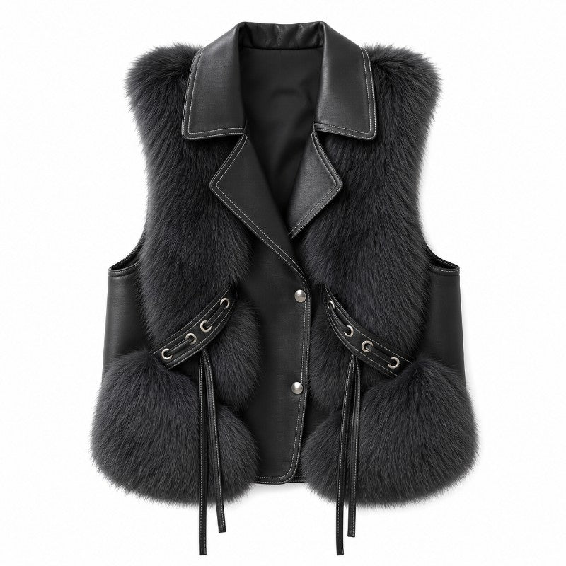 Black vest with dark grey fur panels, black faux leather lapels, and side ties with silver grommets, shown flat lay.