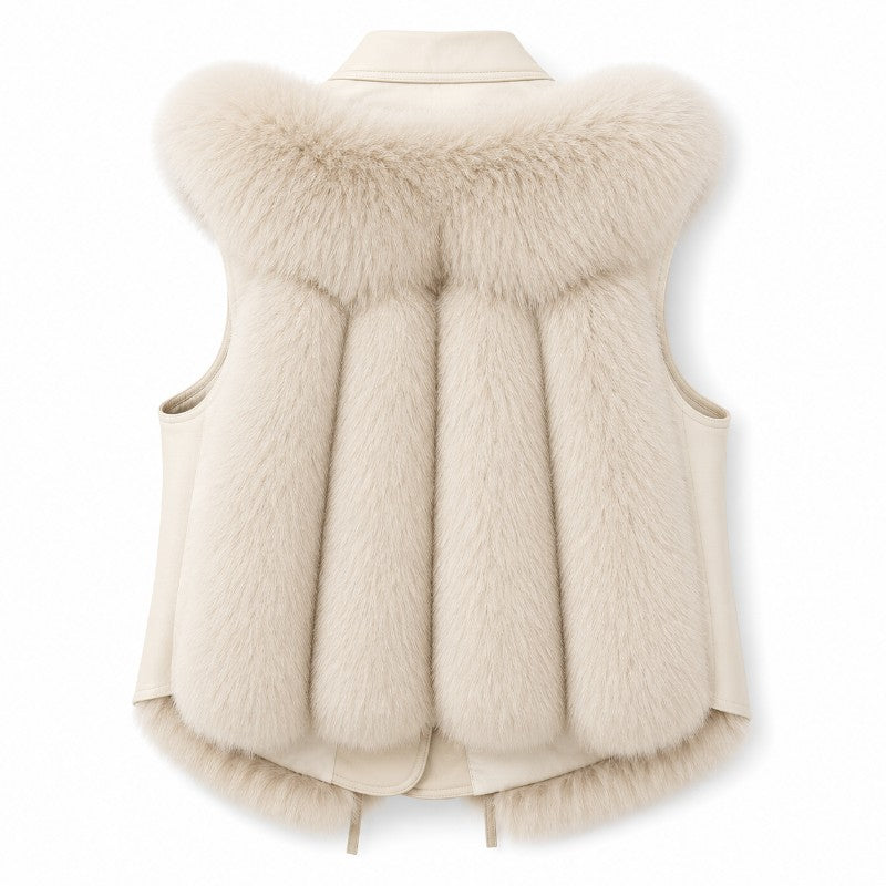 Back view of a sleeveless cream vest with a fur collar and vertical fur panels, trimmed with fur at the bottom hem.