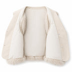 Cream-colored suede-like vest shown open, revealing a smooth padded lining and fluffy fur trim around armholes and hem.