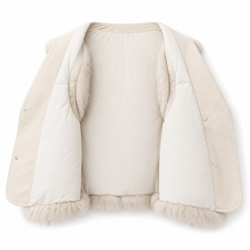 Cream-colored suede-like vest shown open, revealing a smooth padded lining and fluffy fur trim around armholes and hem.