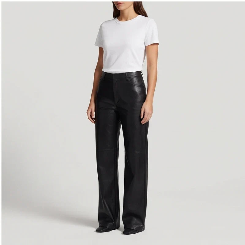 Black leather pants on an off-gray studio background - 2