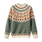 Flat lay of a cream, brown, and sage green jacquard knit sweater with a geometric chevron pattern on a white background.