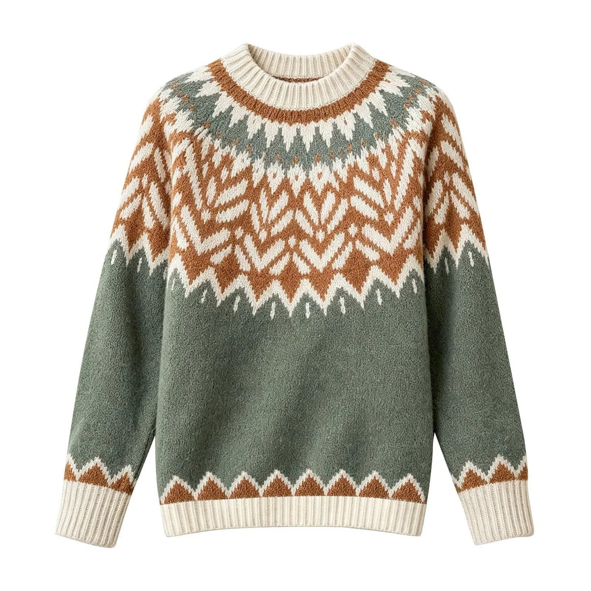 Flat lay of a cream, brown, and sage green jacquard knit sweater with a geometric chevron pattern on a white background.