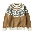 Flat lay of a cozy brown, white, and grey jacquard knit jumper with geometric fair isle patterns around the yoke.