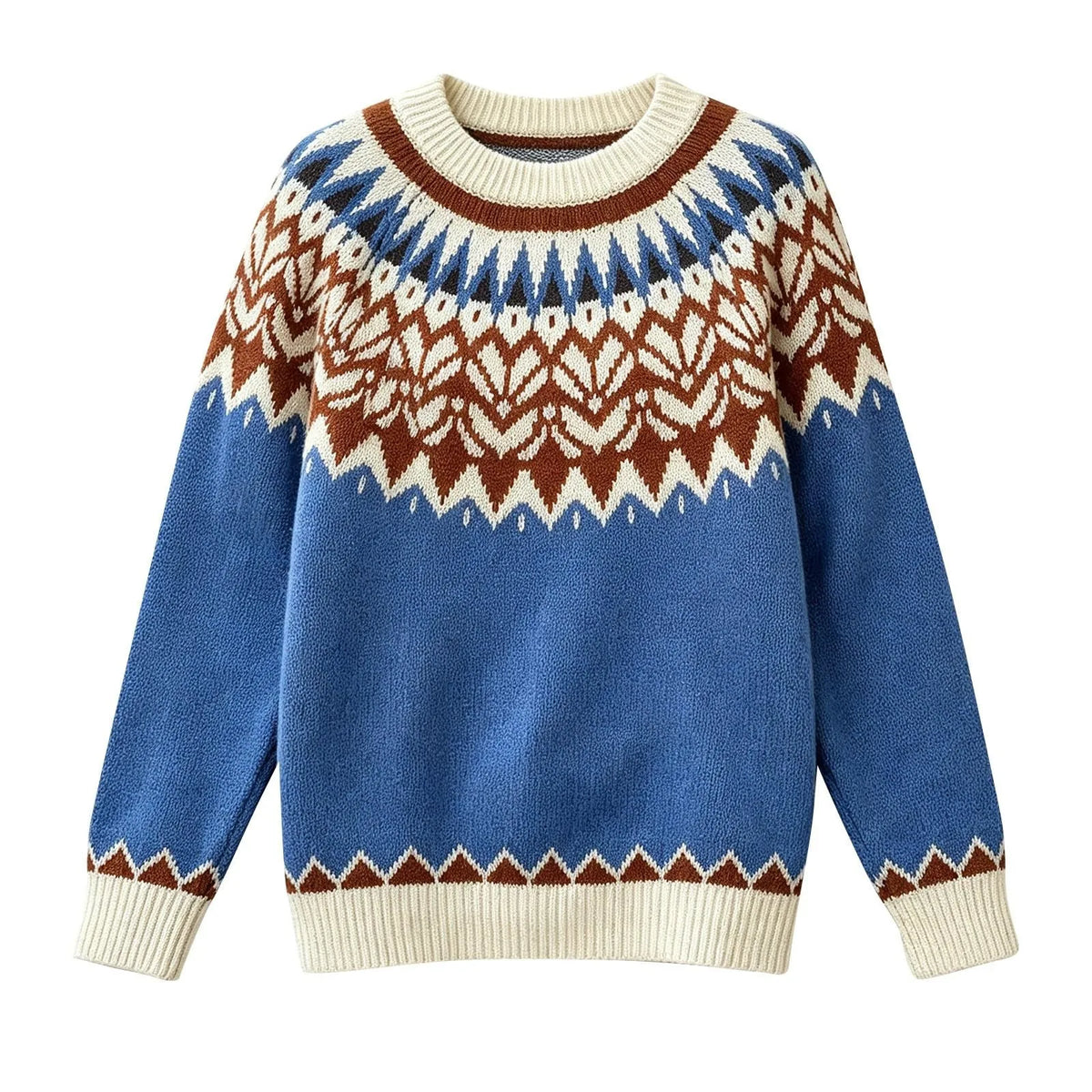 Flat lay of a blue, cream, brown, and black knit jumper with a detailed Nordic geometric pattern across the chest and shoulders.