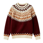 Flat lay of a burgundy jacquard knit jumper with cream and brown Nordic patterns across the chest and sleeves.