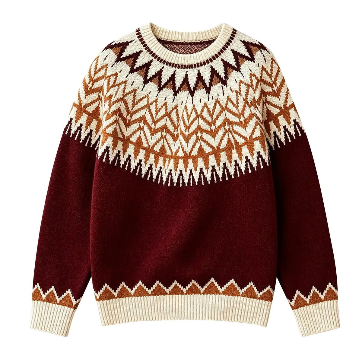 Flat lay of a burgundy jacquard knit jumper with cream and brown Nordic patterns across the chest and sleeves.