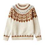 Off-white knitted jumper with a brown and light cream geometric jacquard pattern across the chest and sleeves, flat lay.