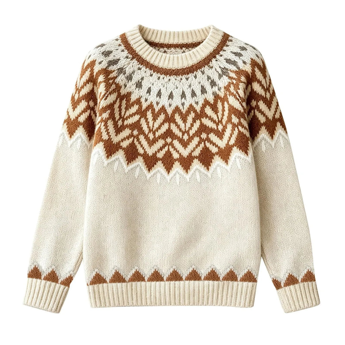 Off-white knitted jumper with a brown and light cream geometric jacquard pattern across the chest and sleeves, flat lay.