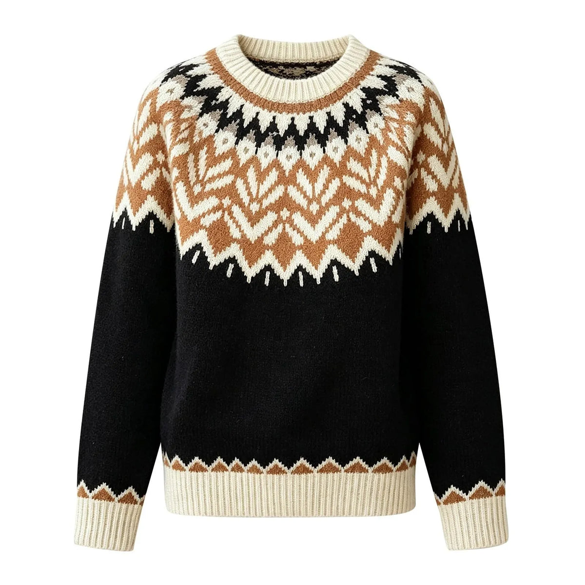 Flat lay of a black, cream, and brown knit jumper with a Fair Isle pattern on the yoke and ribbed cuffs.