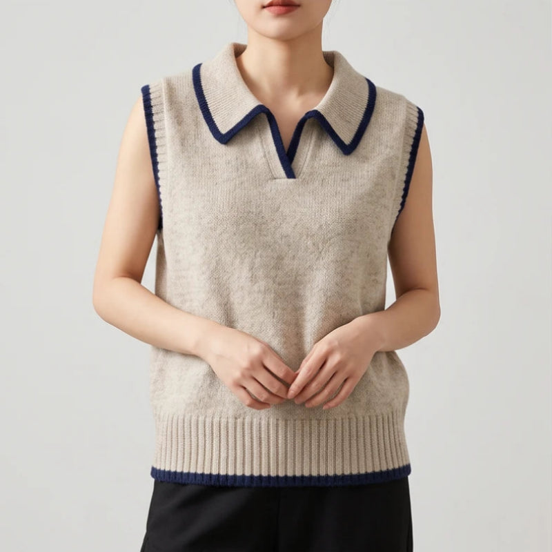 Khaki knitted vest on an off-gray studio background