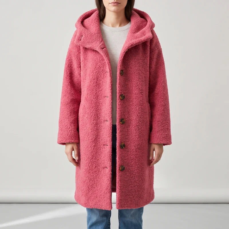 Woman wearing a long, hooded, textured pink coat with visible brown buttons over a light sweater and jeans.