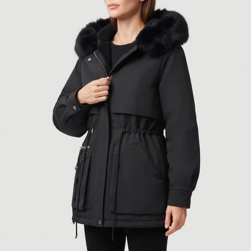 Woman wearing a black parka coat with a faux fur-trimmed hood, cinched waist, and large front pockets.