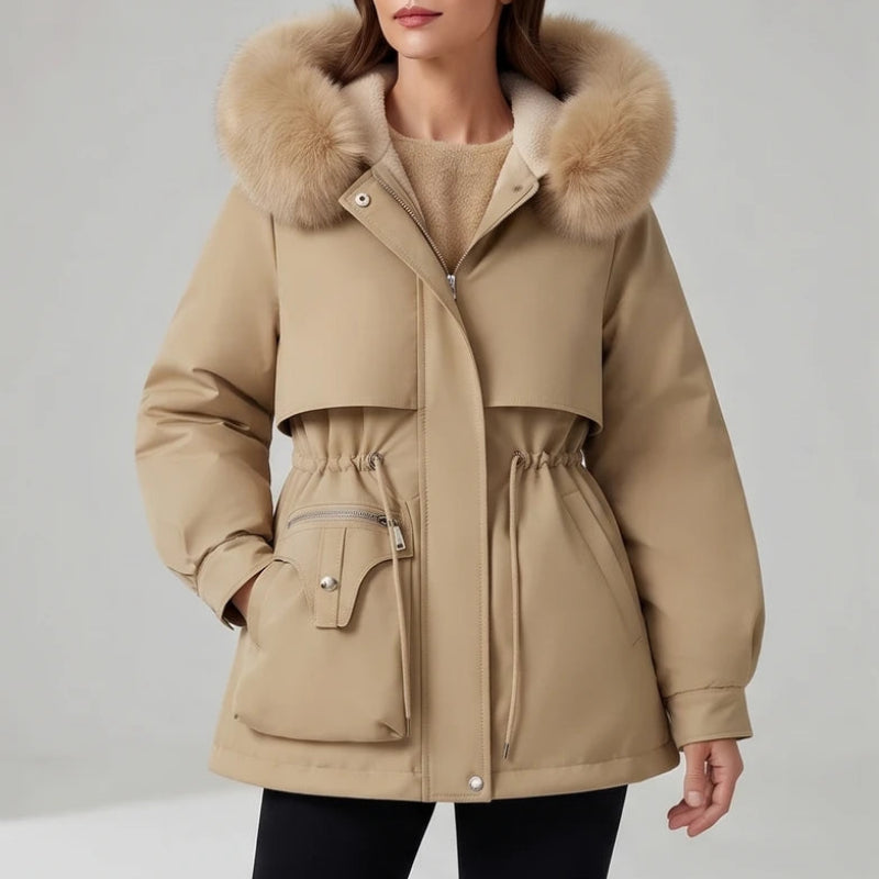Woman wearing a tan parka coat with a fluffy light brown faux fur hood, adjustable drawstring waist, and snap-button pockets.