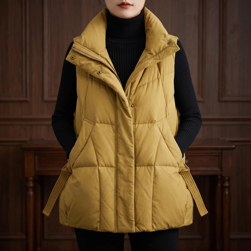 Khaki vest in a dark wood interior
