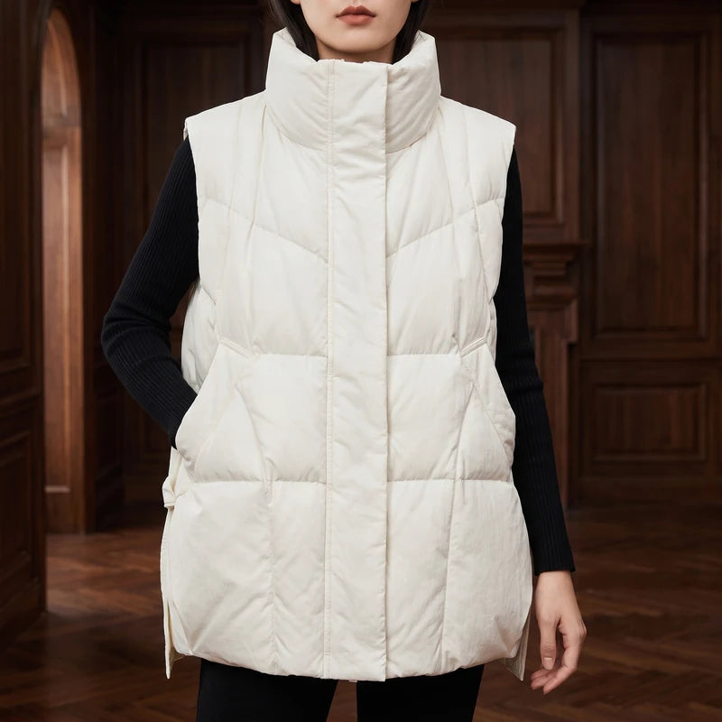 White vest in a dark wood interior
