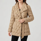 Woman wearing a light brown quilted puffer coat with a wide collar and a matching tie belt at the waist.