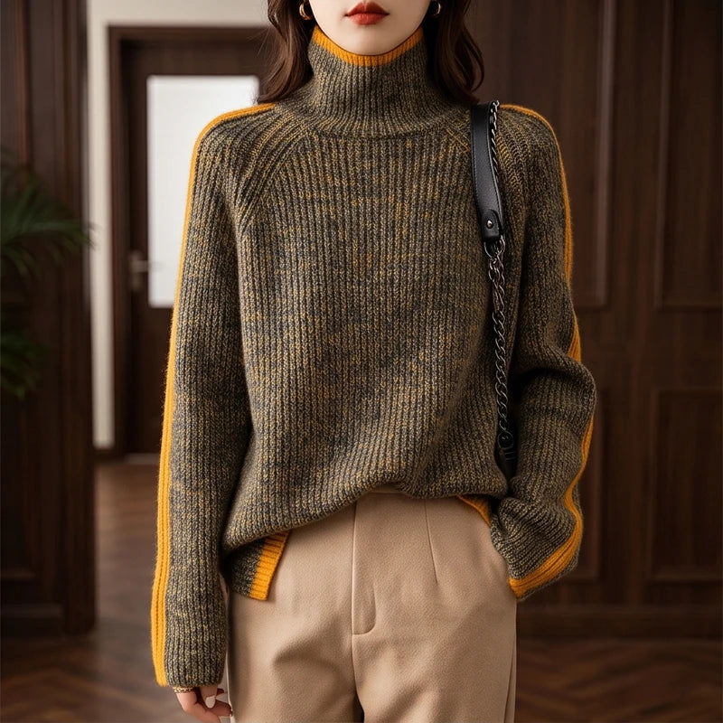 Woman wearing a mottled dark olive and yellow knit roll neck jumper with yellow stripes on the sleeves.