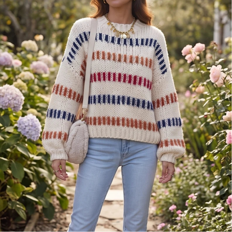Woman wearing a cream chunky knit jumper with horizontal stripes in navy, rust, and red, standing in a garden.