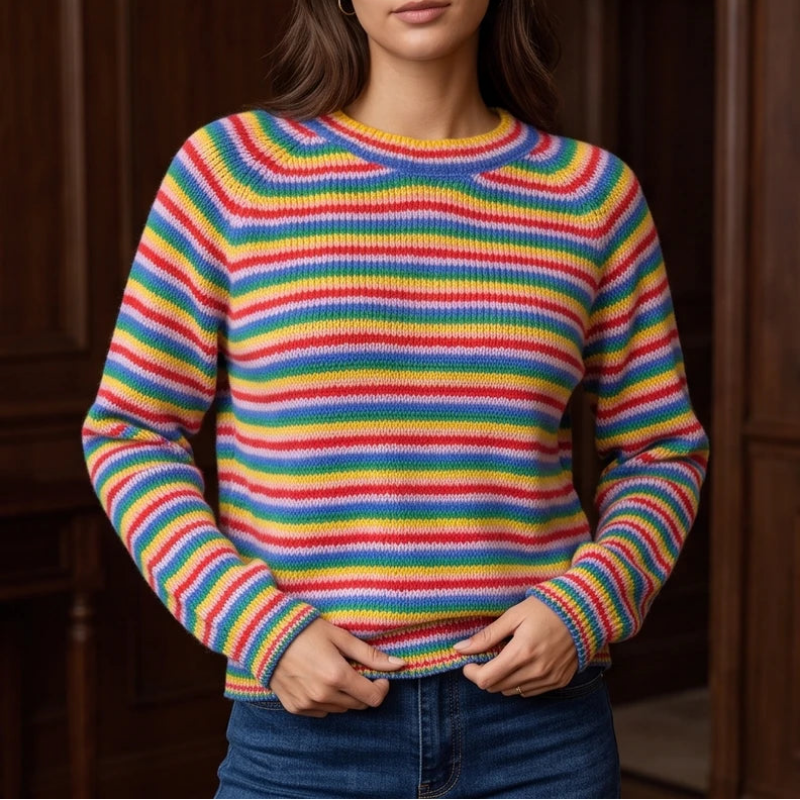 Woman wearing a rainbow-striped knit jumper with a crew neck and raglan sleeves, hands touching the hem.
