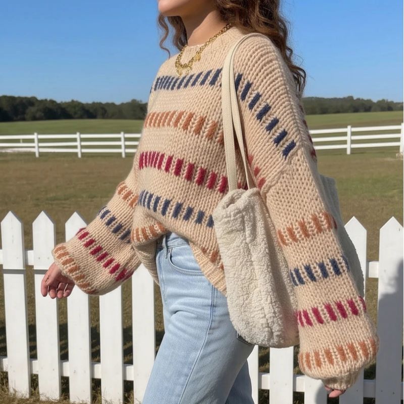 Woman wearing a cream chunky knit sweater with colorful horizontal stripes, light wash jeans, and carrying a fluffy beige bag.