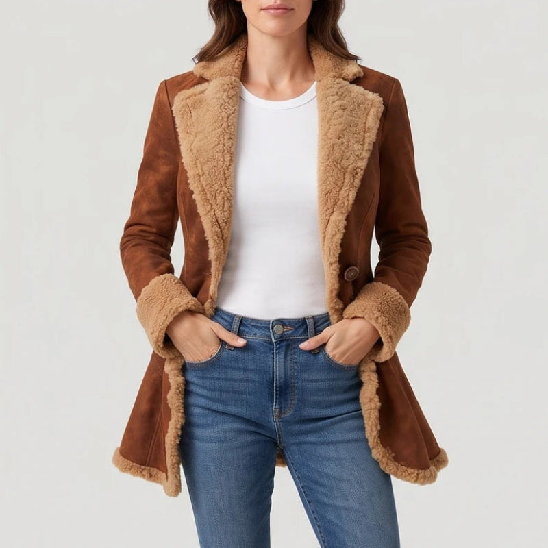 Woman wearing a brown suede-like coat with tan faux fur trim, white top, and blue jeans, hands in pockets.