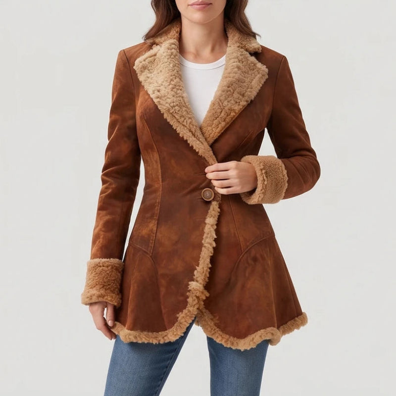 Woman wearing a brown suede coat with a wide faux fur collar, cuffs, and trim, over a white t-shirt.