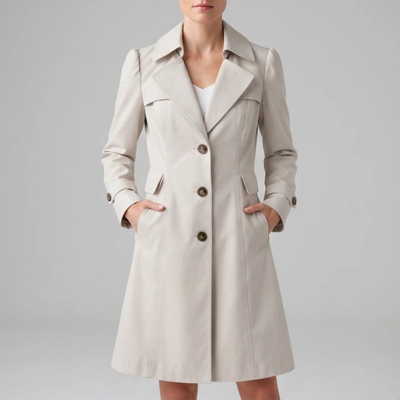 Woman wearing a light beige trench coat with notched lapels, brown buttons, and hands in side pockets, on a gray background.