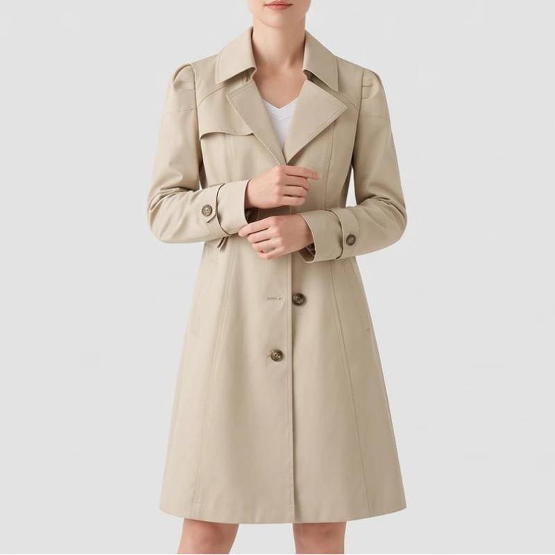 Woman wearing a beige trench coat with a wide collar, shoulder epaulets, double-breasted buttons, and cinched cuffs.