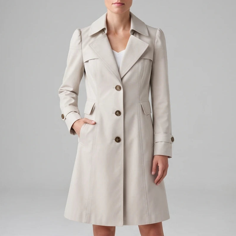 Woman wearing a light beige trench coat with prominent lapels, dark brown buttons, and one hand in a pocket.