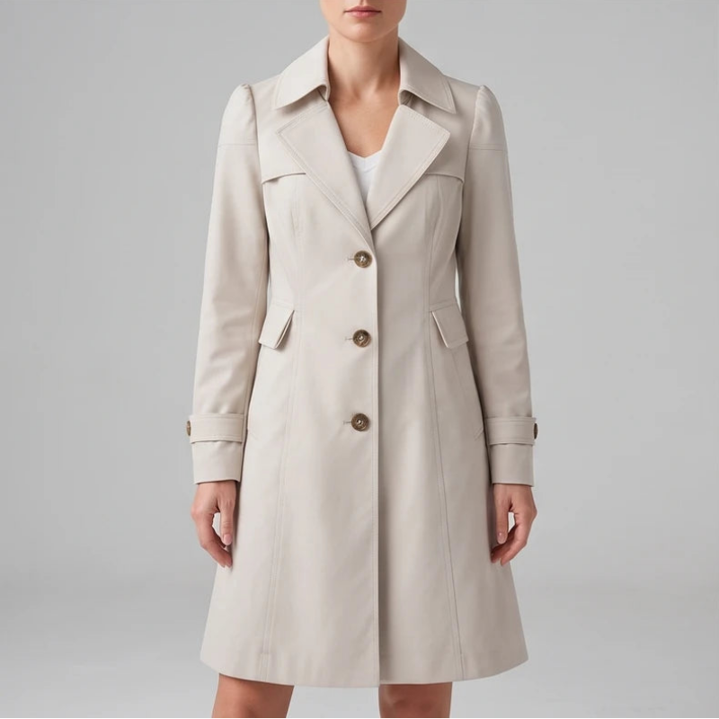 Woman wearing a beige trench coat with a wide collar, visible stitching, and three brown buttons on a neutral background.