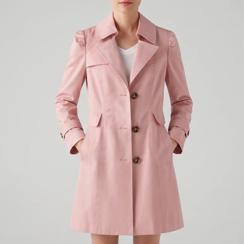 Woman wearing a light pink trench coat with large brown buttons, wide lapels, and flap pockets, hands in pockets.