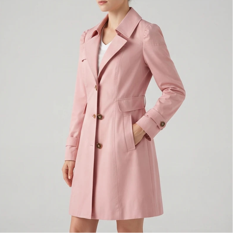 Woman wearing a long, light pink trench coat with brown buttons, a classic collar, and one hand in a side pocket.