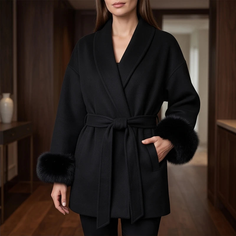Woman wearing a black wool wrap coat with wide lapels, a tied belt, and fluffy black fur cuffs, posing indoors.