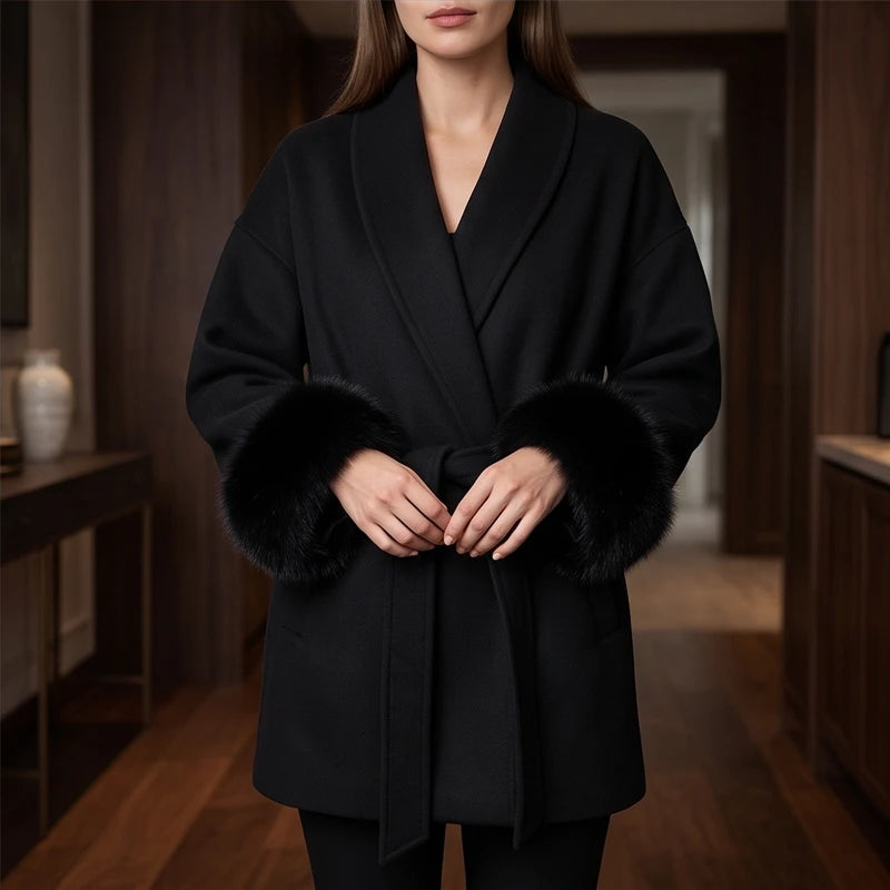 Woman wearing a black wool coat with wide lapels, cinched waist tie, and fluffy black fur cuffs.